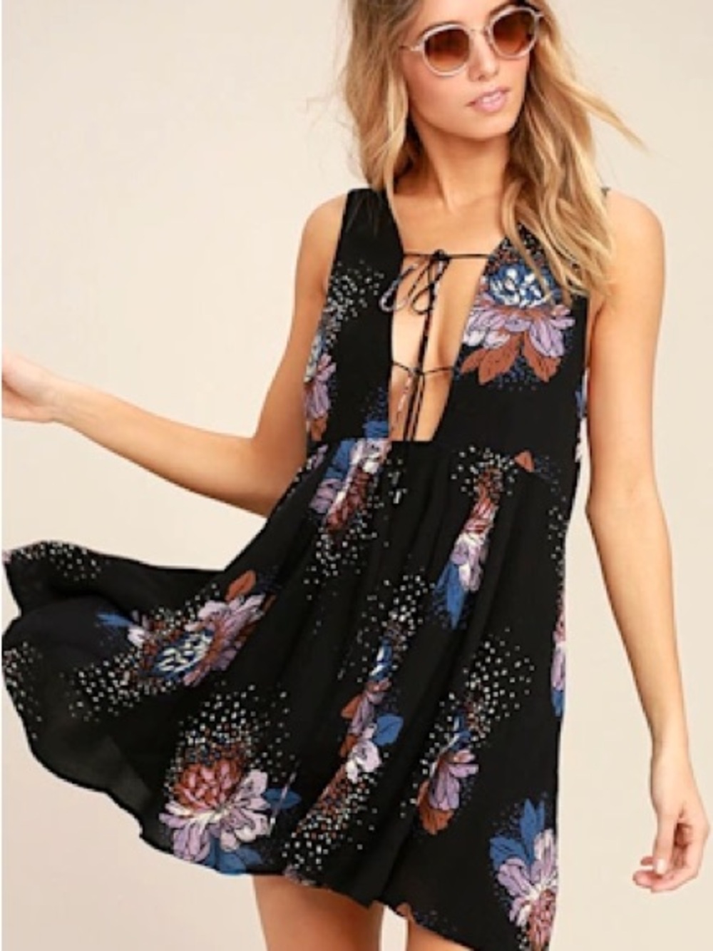 Free People Black Floral Tie-Front Sleeveless Mini Dress
